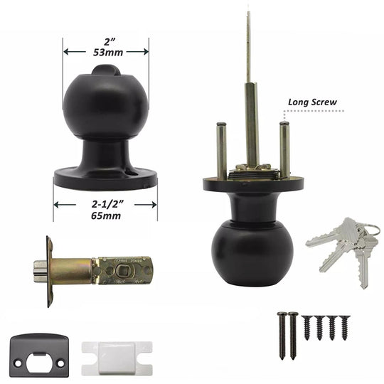 Round Door Knob Entrance Passage Lock with Key Set - Black