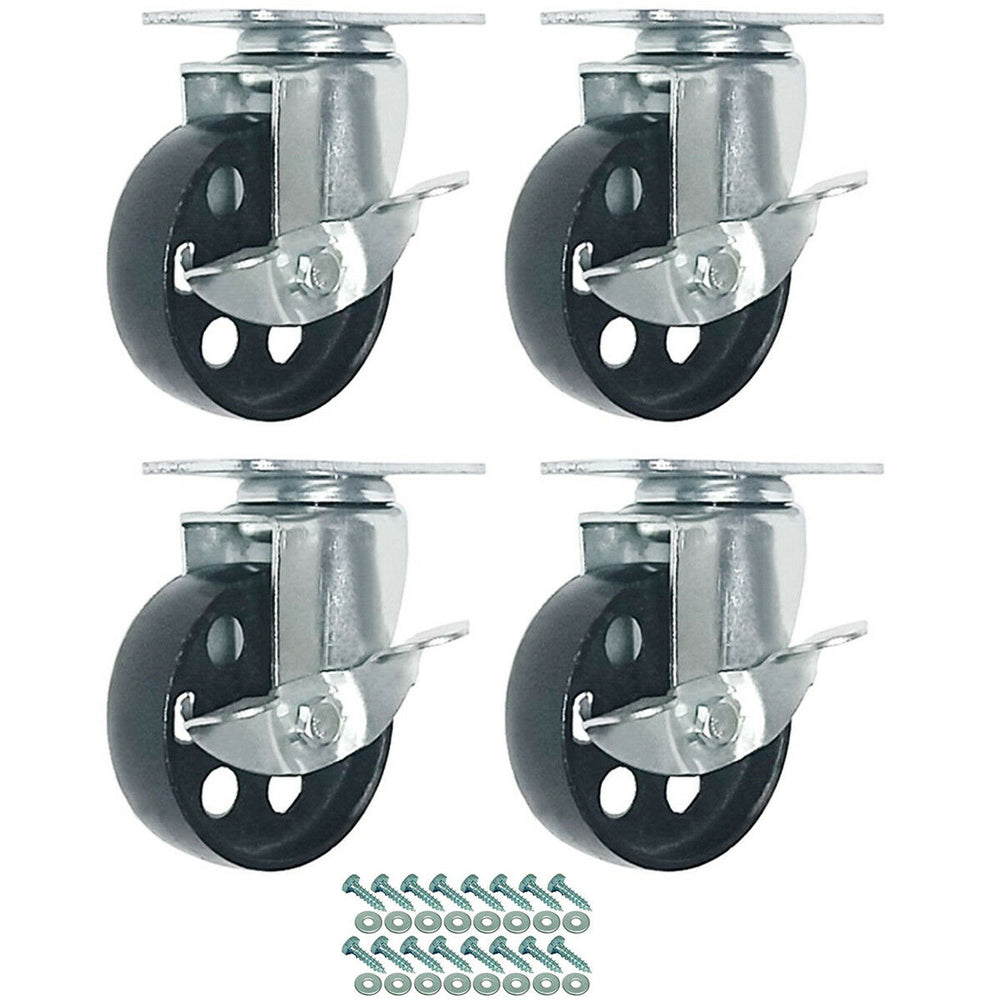 All Steel Swivel Plate Caster Wheels w Brake Lock Heavy Duty 3" Wheel - 4 Pack