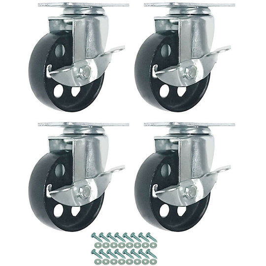 All Steel Swivel Plate Caster Wheels w Brake Lock Heavy Duty 3" Wheel - 4 Pack